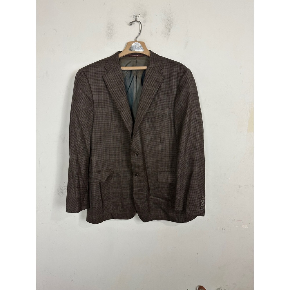 Hickey Freeman Nordstrom Mens 46R Brown Worsted Wool Glen Plaid Blazer Beacon